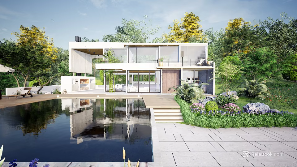 Modern Detached Villa With Surrounding Trees Pool Garden And Large Glass Windows 3d model 
