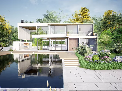 Modern Detached Villa With Surrounding Trees Pool Garden And Large Glass Windows 3d model
