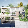 Modern Detached Villa With Surrounding Trees Pool Garden And Large Glass Windows