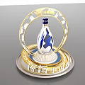 Elegant Decorative Ornament Set With Blue White Bottle Gold Circular Frame And Patterned Base Stand 3d model
