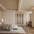 Elegant Modern Bedroom With Large Windows White Bed Beige Wardrobe Wooden Flooring Sofa And Desk