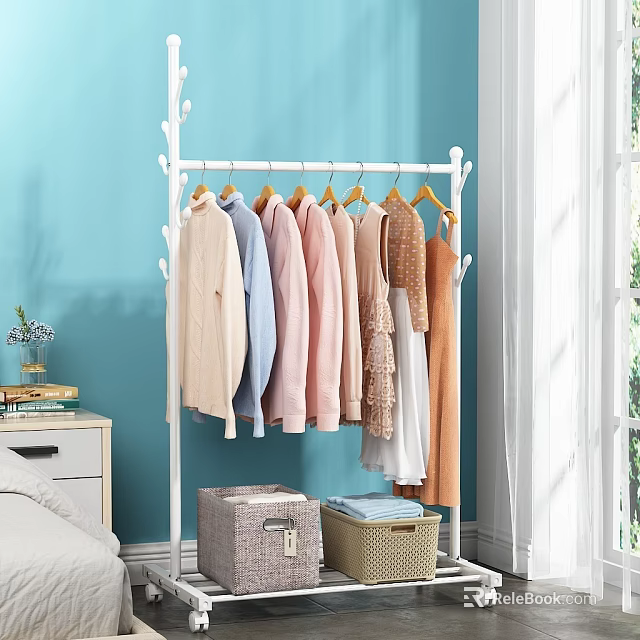 Stylish White Standing Clothing Rack With Pastel Hanging Clothes In Bedroom Corner 3d model 