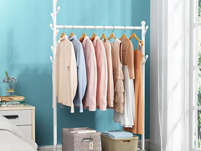 Stylish White Standing Clothing Rack With Pastel Hanging Clothes In Bedroom Corner 3d model