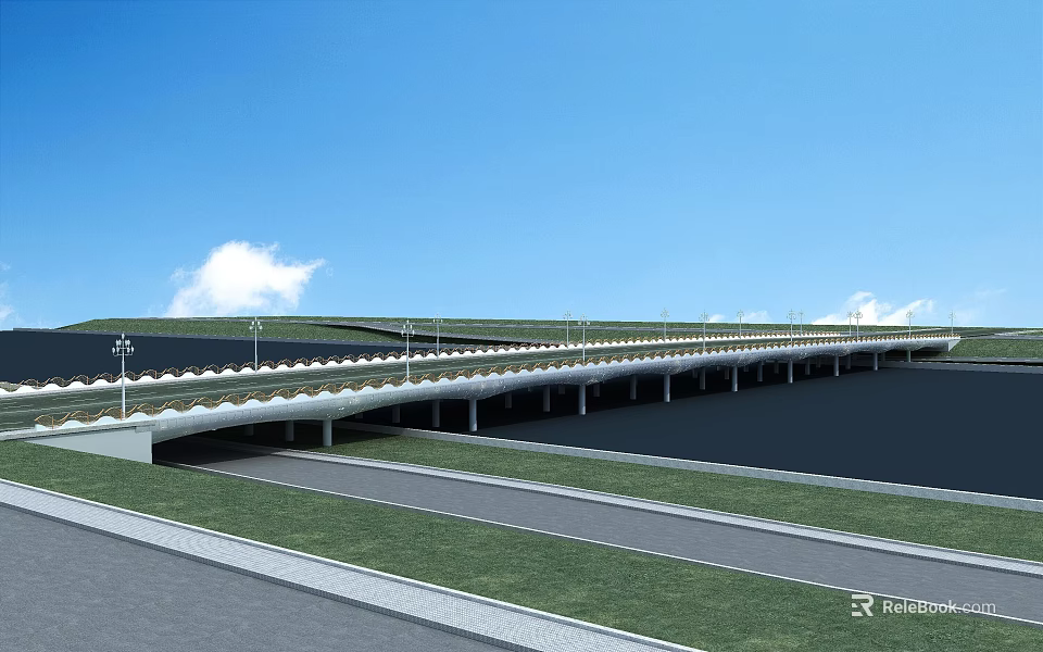 Modern Bridge Architecture Design With Green Roof White Railings Street Lamps Road Below And Blue Sky 3d model 