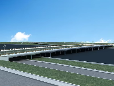 Modern Bridge Architecture Design With Green Roof White Railings Street Lamps Road Below And Blue Sky 3d model