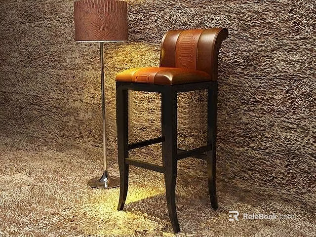 Brown Leather Bar Stool With Backrest And Dark Legs Near Floor Lamp On Textured Background 3d model 