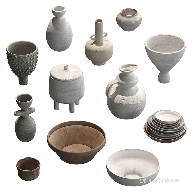 Assorted Ceramic Vessels Bowls Plates Vases and Lidded Containers in Gray White Brown Natural Tones 3d model 