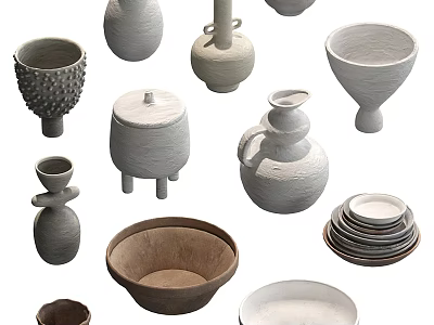 Assorted Ceramic Vessels Bowls Plates Vases and Lidded Containers in Gray White Brown Natural Tones 3d model