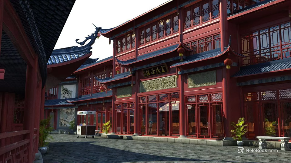 Ancient Chinese Architecture with Red Wooden Structure Traditional Roof and Courtyard Lanterns 3d model 