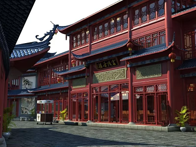 Ancient Chinese Architecture with Red Wooden Structure Traditional Roof and Courtyard Lanterns 3d model