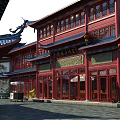 Ancient Chinese Architecture with Red Wooden Structure Traditional Roof and Courtyard Lanterns