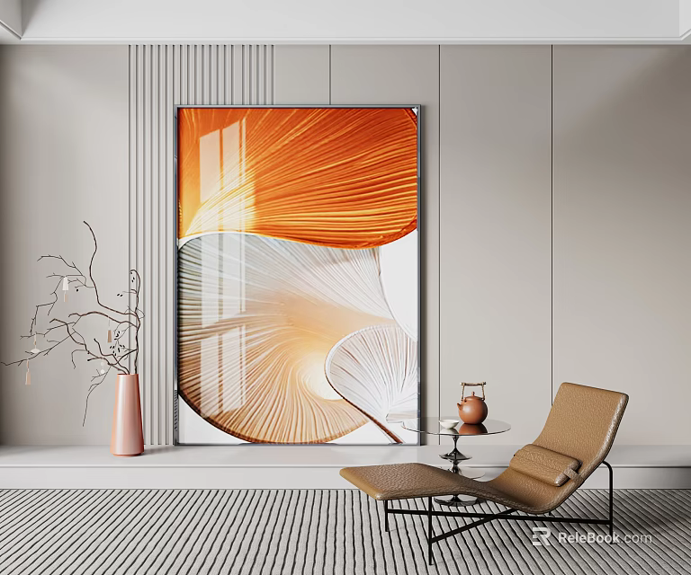 Modern Interior With Large Abstract Painting Brown Chair And Decorative Vase 3d model 