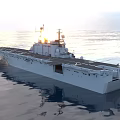Modern Naval Warship With Flat Flight Deck Sailing On Calm Ocean Water 3d model