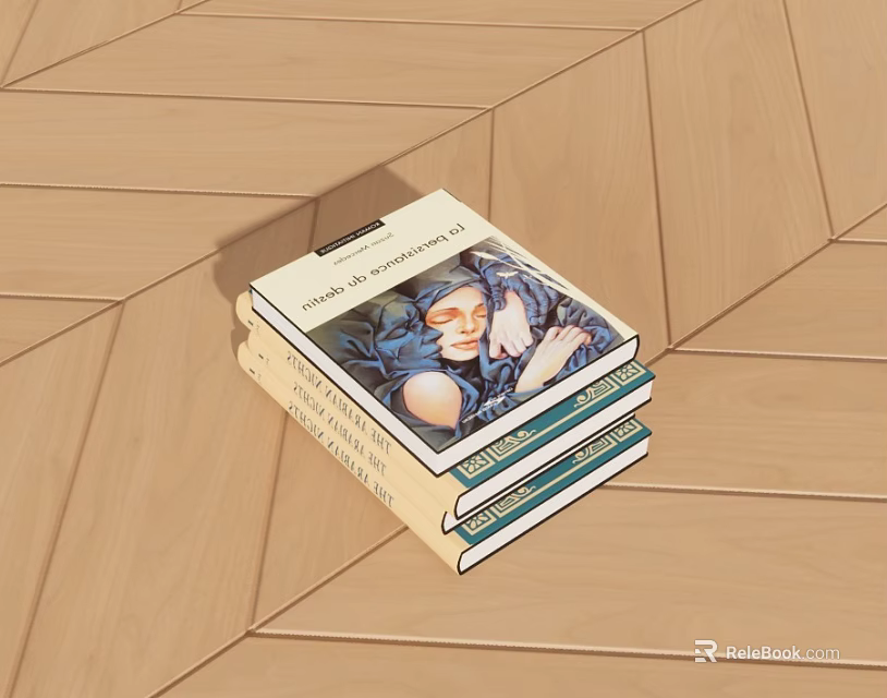 Stack of Books with Colorful Illustrated Covers on Wooden Floor Surface 3d model 