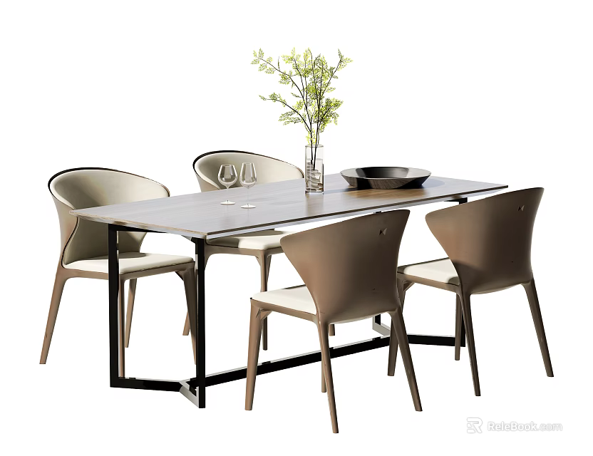Dining Table Set with Rectangular Black Metal Frame Light Brown Chairs Vase and Green Plants 3d model