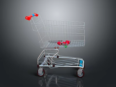 Silver Metal Shopping Cart Style Furniture With Red Handles And Wheels 3d model