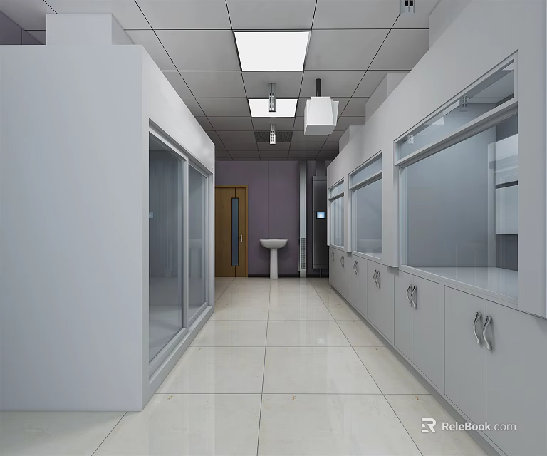 Spacious Laboratory Corridor With White Cabinets Glass Doors Sink And Ceiling Lights 3d model 
