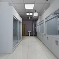 Spacious Laboratory Corridor With White Cabinets Glass Doors Sink And Ceiling Lights