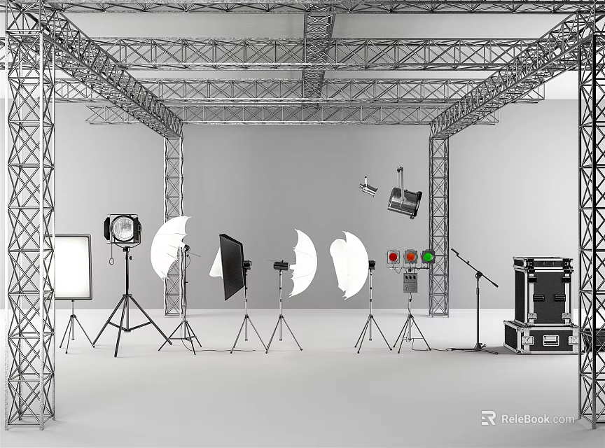 Commercial Equipment Setup With Truss Structures Lighting Softboxes Microphones And Audio Gear 3d model 
