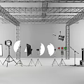 Commercial Equipment Setup With Truss Structures Lighting Softboxes Microphones And Audio Gear