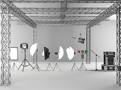 Commercial Equipment Setup With Truss Structures Lighting Softboxes Microphones And Audio Gear 3d model