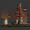 Cartoon Scene With Red House Colorful Autumn Trees Small Building And Circular Base