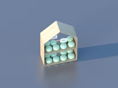 Light Green Round Snacks in Wooden House Shaped Container with Label Top 3d model