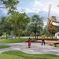 Park Landscape With Lush Trees Serene Lake Green Lawn Winding Paths And Playground Area
