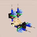 Industrial Equipment With Multiple Blue Hydraulic Components And Green Mechanical Frames