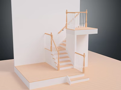 Indoor Wooden Staircase Design With White Balusters Handrail And Landing Platform 3d model