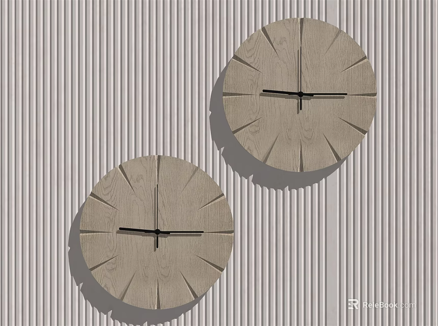 Two Wooden Clocks with Simple Design Mounted on Striped Wall Background 3d model 