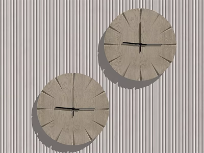 Two Wooden Clocks with Simple Design Mounted on Striped Wall Background 3d model
