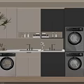Modern Laundry Room Interior With Washing Machines Dryers Cabinets And Sink