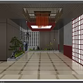 Japanese Restaurant With Lattice Wall Potted Pine Blue White Vases Red Ceiling And Stone Landscape