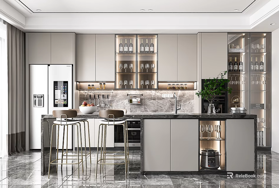 Modern Kitchen Interior Design With Marble Island Counter Bar Stools Glass Cabinets And Green Plant 3d model 