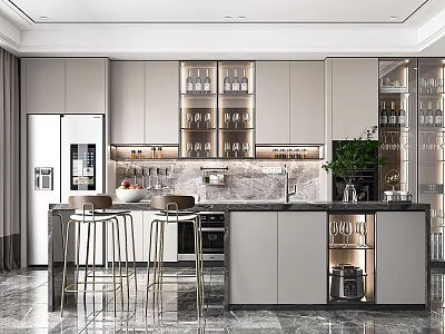 Modern Kitchen Interior Design With Marble Island Counter Bar Stools Glass Cabinets And Green Plant 3d model