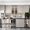 Modern Kitchen Interior Design With Marble Island Counter Bar Stools Glass Cabinets And Green Plant