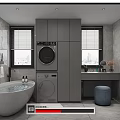 Modern Bathroom Interior Design With White Bathtub Washing Machine Grey Cabinets And Window Blinds