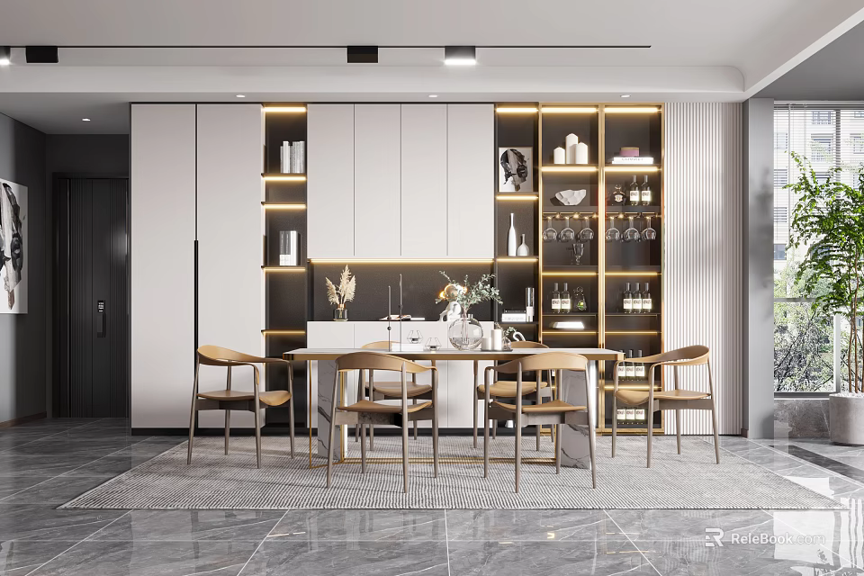Elegant Modern Restaurant Interior Design With Open Layout Dining Table Chairs Marble Floor And Cabinets 3d model