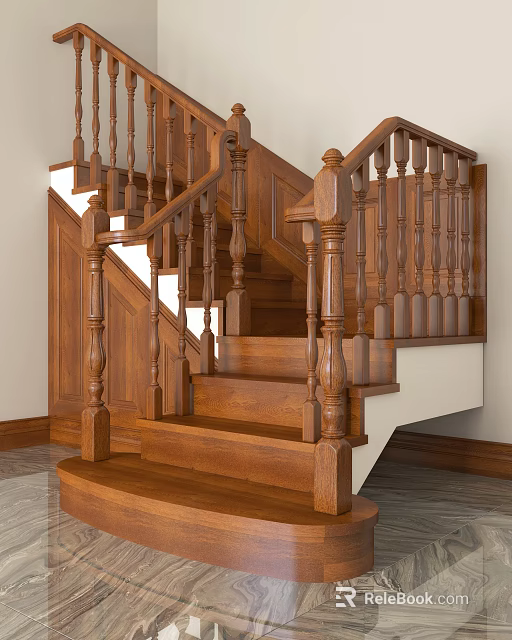 Elegant Wooden Staircase Interior With Classic Handrail Carved Balusters And Solid Wood Steps 3d model 