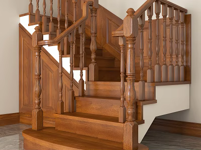 Elegant Wooden Staircase Interior With Classic Handrail Carved Balusters And Solid Wood Steps 3d model