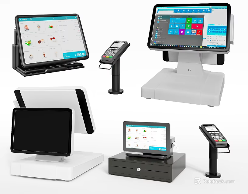 Modern Commercial Equipment Including POS Systems Touchscreen Terminals Cash Drawers And Barcode Scanners 3d model 