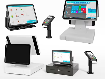Modern Commercial Equipment Including POS Systems Touchscreen Terminals Cash Drawers And Barcode Scanners 3d model
