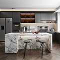 Modern Kitchen Interior Design With Marble Island Dark Cabinets And Appliances