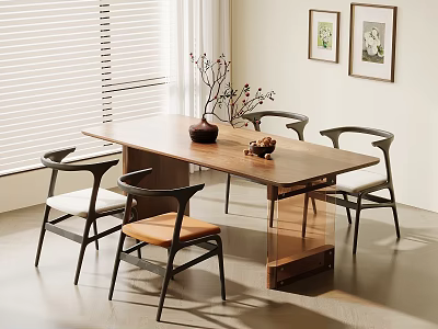 Modern Wooden Dining Table Set with Four Chairs Brown Seats and Decorative Vase 3d model