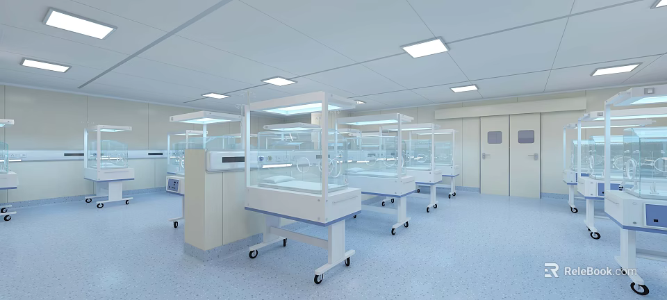 Neonatal Incubators on Wheeled Carts in Hospital Nursery With Light Blue Floor and Square Lights 3d model 