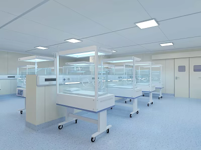 Neonatal Incubators on Wheeled Carts in Hospital Nursery With Light Blue Floor and Square Lights 3d model