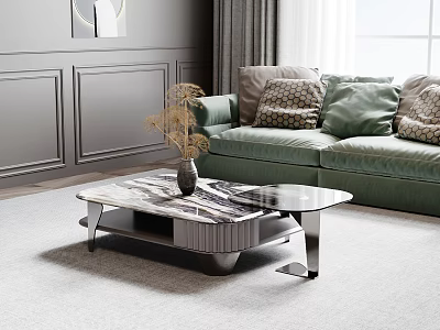 Elegant Modern Marble Coffee Table With Metal Frame And Dried Flowers In Living Room 3d model