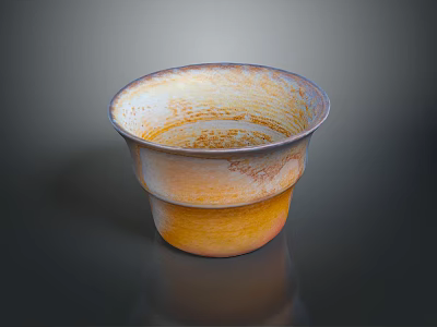 Ceramic Cup With Orange Yellow Gradient And Rustic Textured Surface On Dark Reflective Background 3d model