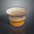 Ceramic Cup With Orange Yellow Gradient And Rustic Textured Surface On Dark Reflective Background